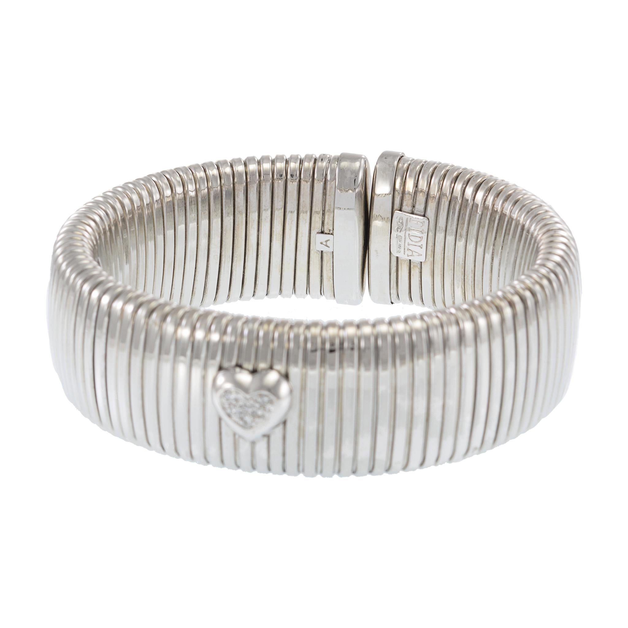 Vintage 18KT White Gold Diamond Flex Bangle with Heart Accent