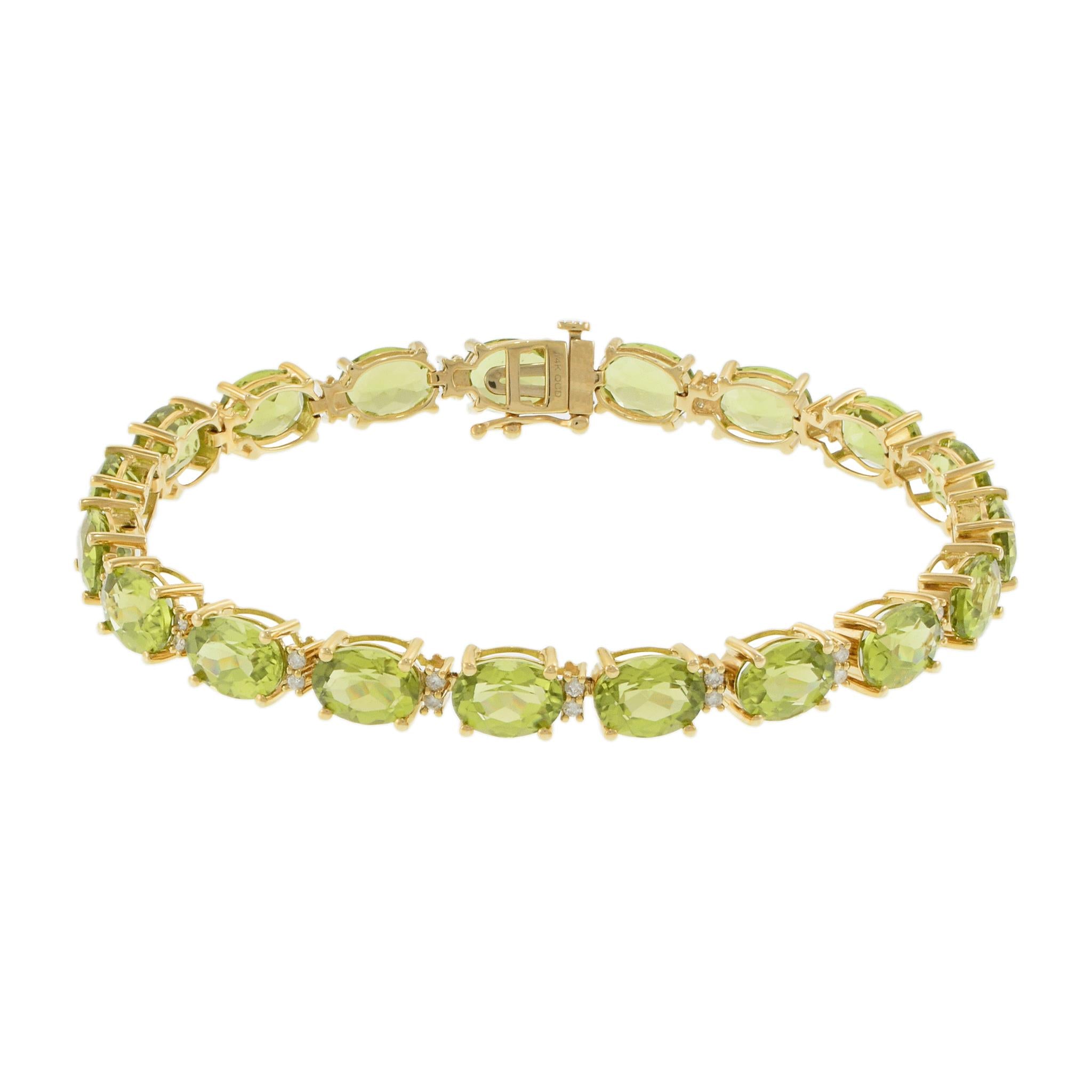 14KT Yellow Gold Bracelet with Oval Peridots and Round Cut Diamonds