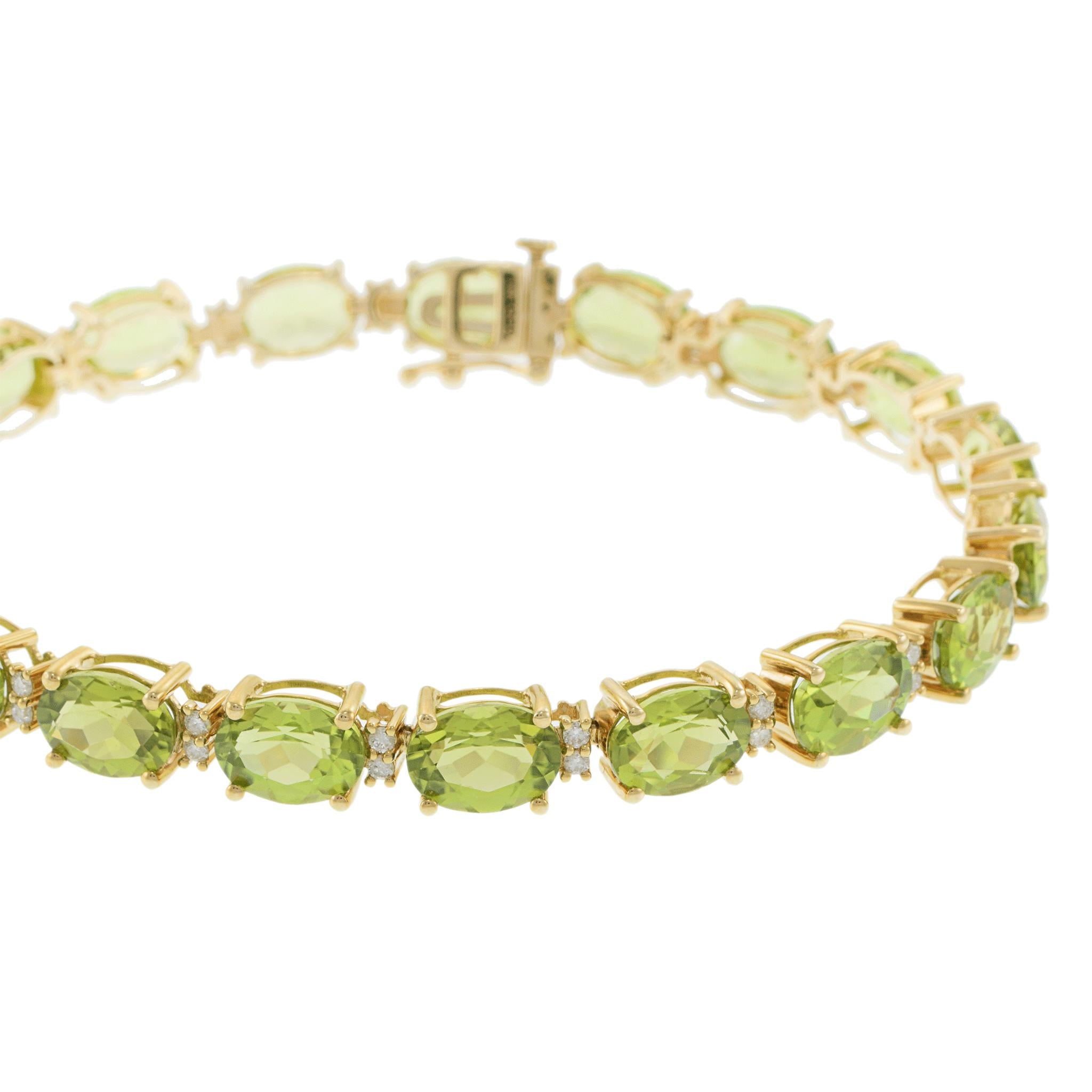 14KT Yellow Gold Bracelet with Oval Peridots and Round Cut Diamonds