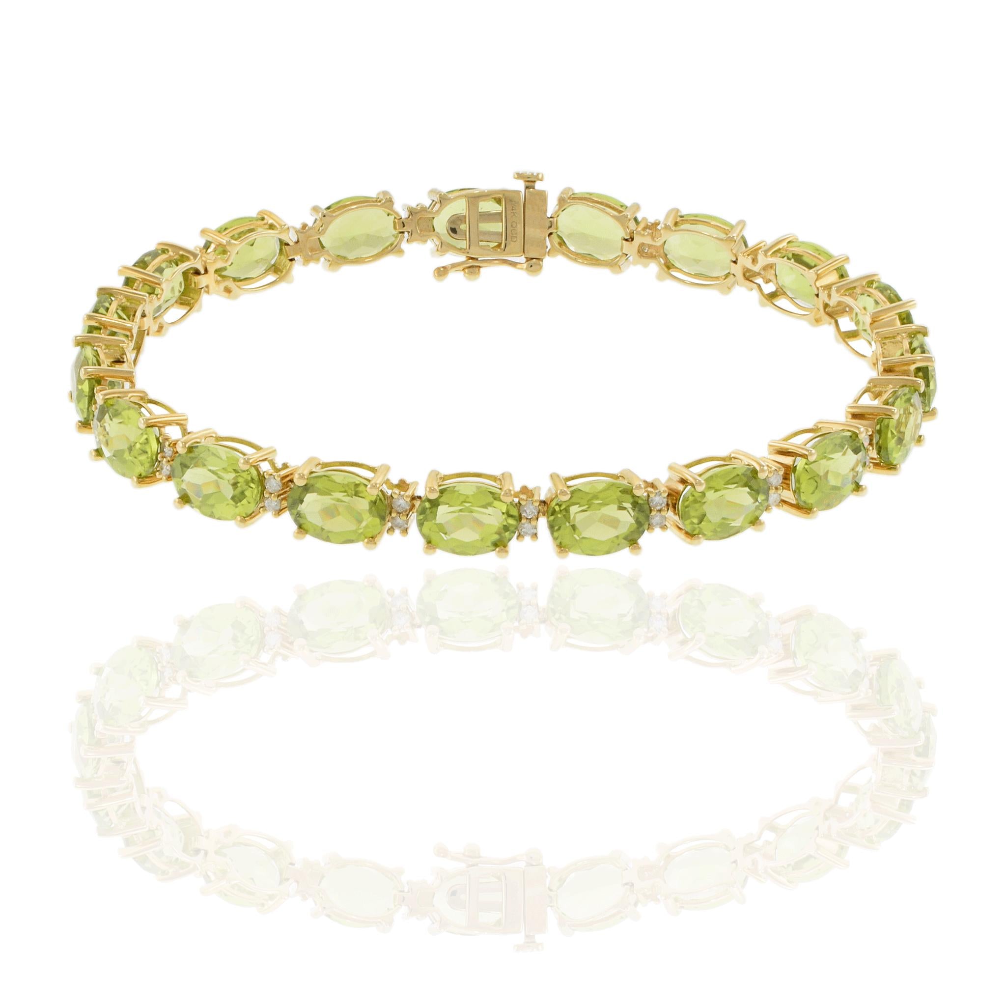 14KT Yellow Gold Bracelet with Oval Peridots and Round Cut Diamonds