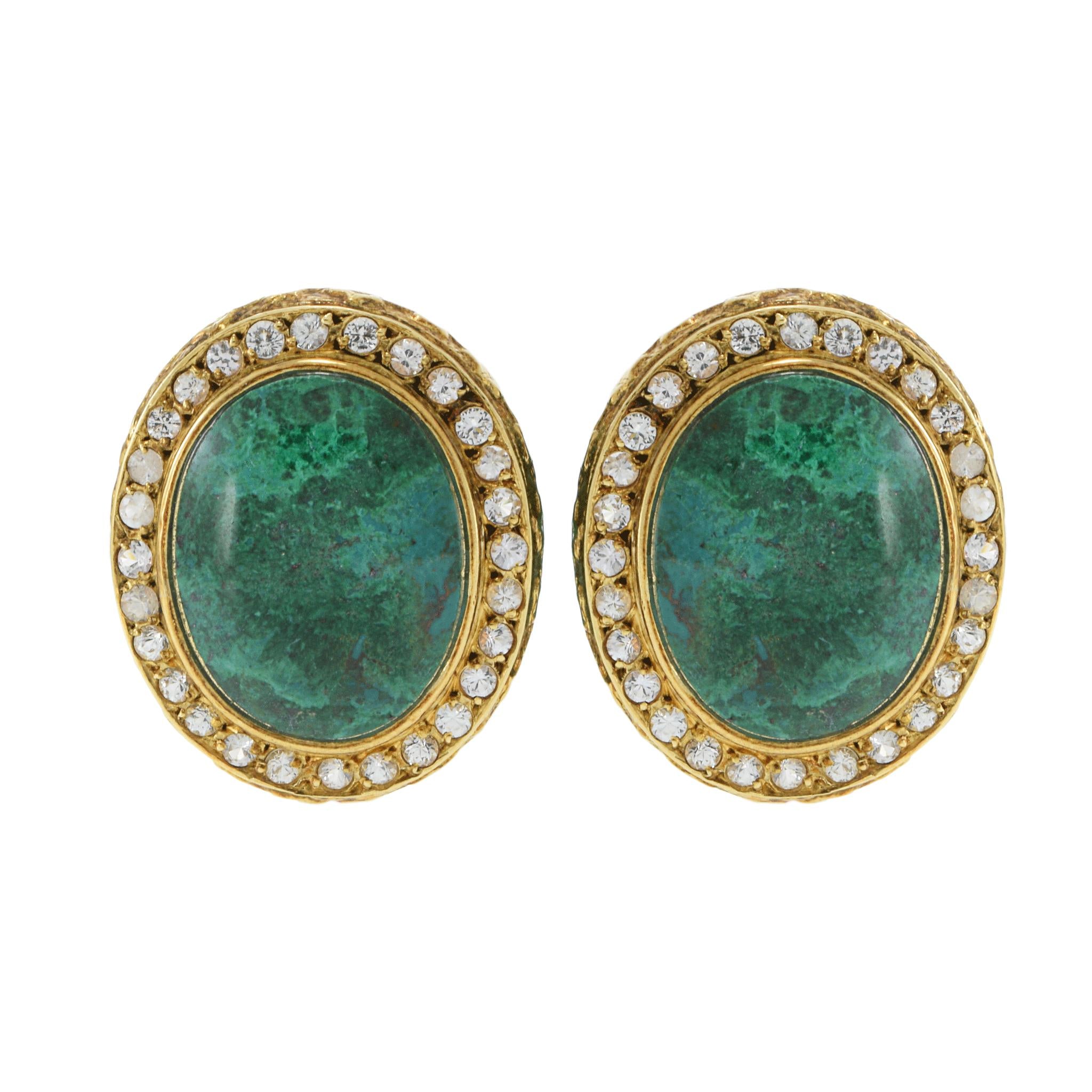 Vintage Retro Era 18KT Yellow Gold Azure Malachite & White Sapphire Earrings