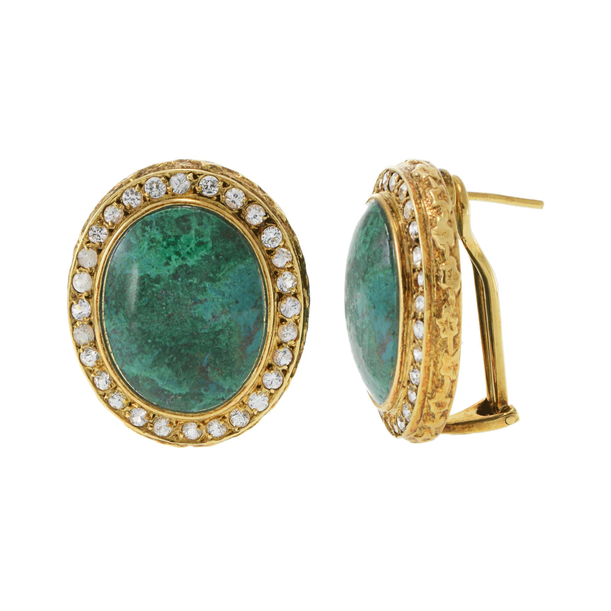 Vintage Retro Era 18KT Yellow Gold Azure Malachite & White Sapphire Earrings