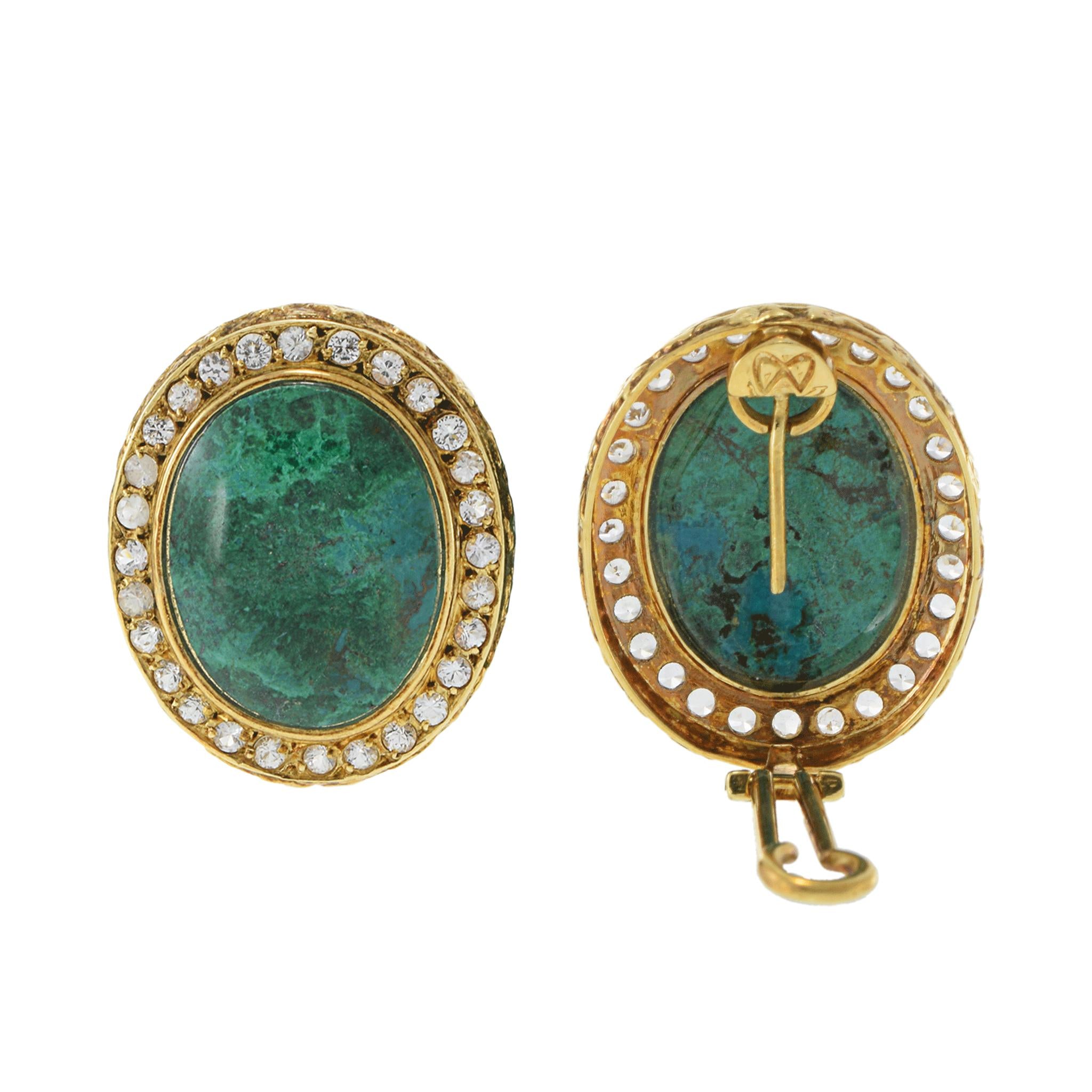 Vintage Retro Era 18KT Yellow Gold Azure Malachite & White Sapphire Earrings