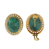 Vintage Retro Era 18KT Yellow Gold Azure Malachite & White Sapphire Earrings