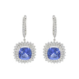 18KT White Gold Cushion Tanzanite and Diamond Drop Earrings