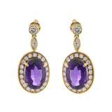 18KT Yellow Gold Oval Amethyst and Diamond Drop Earrings