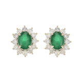 18KT White Gold Oval Emerald and Diamond Cluster Earrings