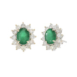 18KT White Gold Oval Emerald and Diamond Cluster Earrings