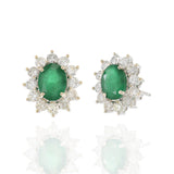 18KT White Gold Oval Emerald and Diamond Cluster Earrings