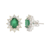 18KT White Gold Oval Emerald and Diamond Cluster Earrings
