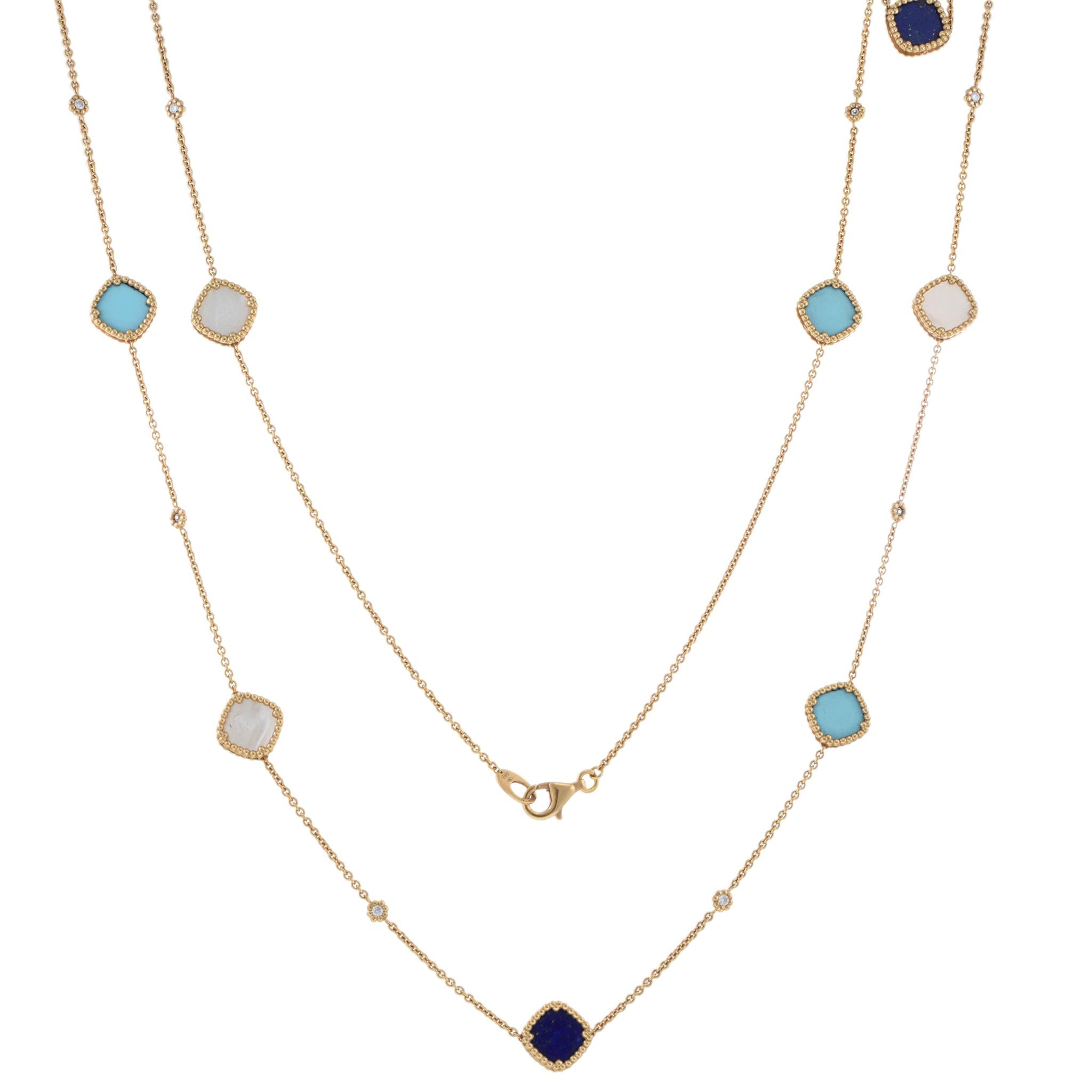 18KT Rose Gold 35" Turquoise, Mother of Pearl, Lapis, and Diamond Necklace
