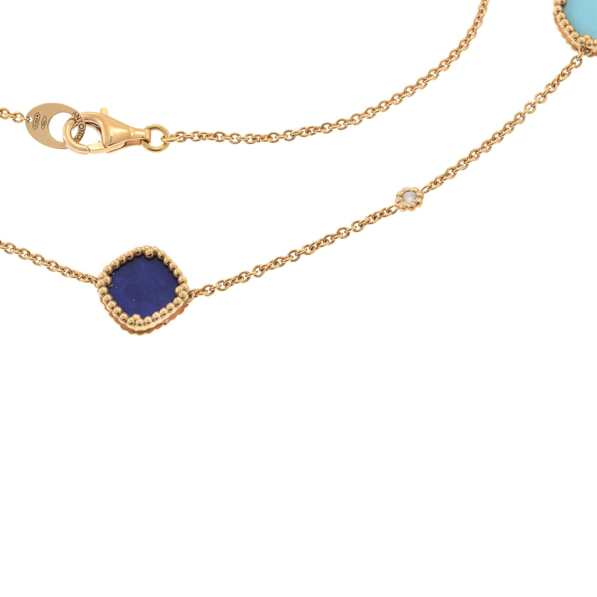 18KT Rose Gold 35" Turquoise, Mother of Pearl, Lapis, and Diamond Necklace