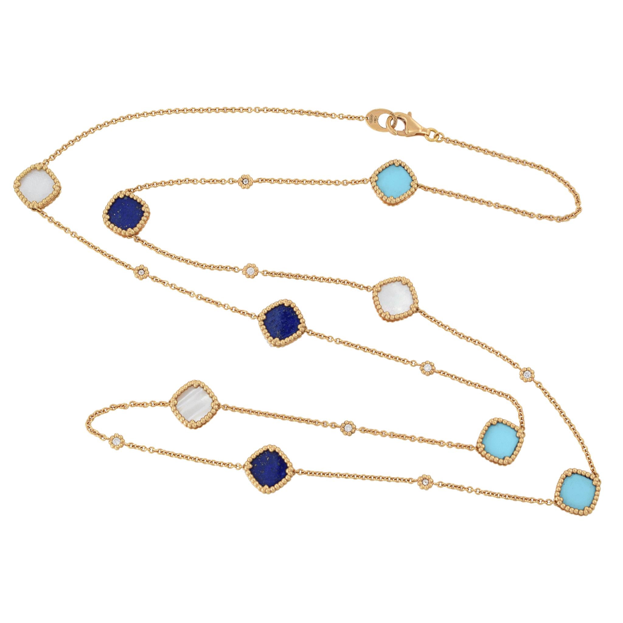 18KT Rose Gold 35" Turquoise, Mother of Pearl, Lapis, and Diamond Necklace