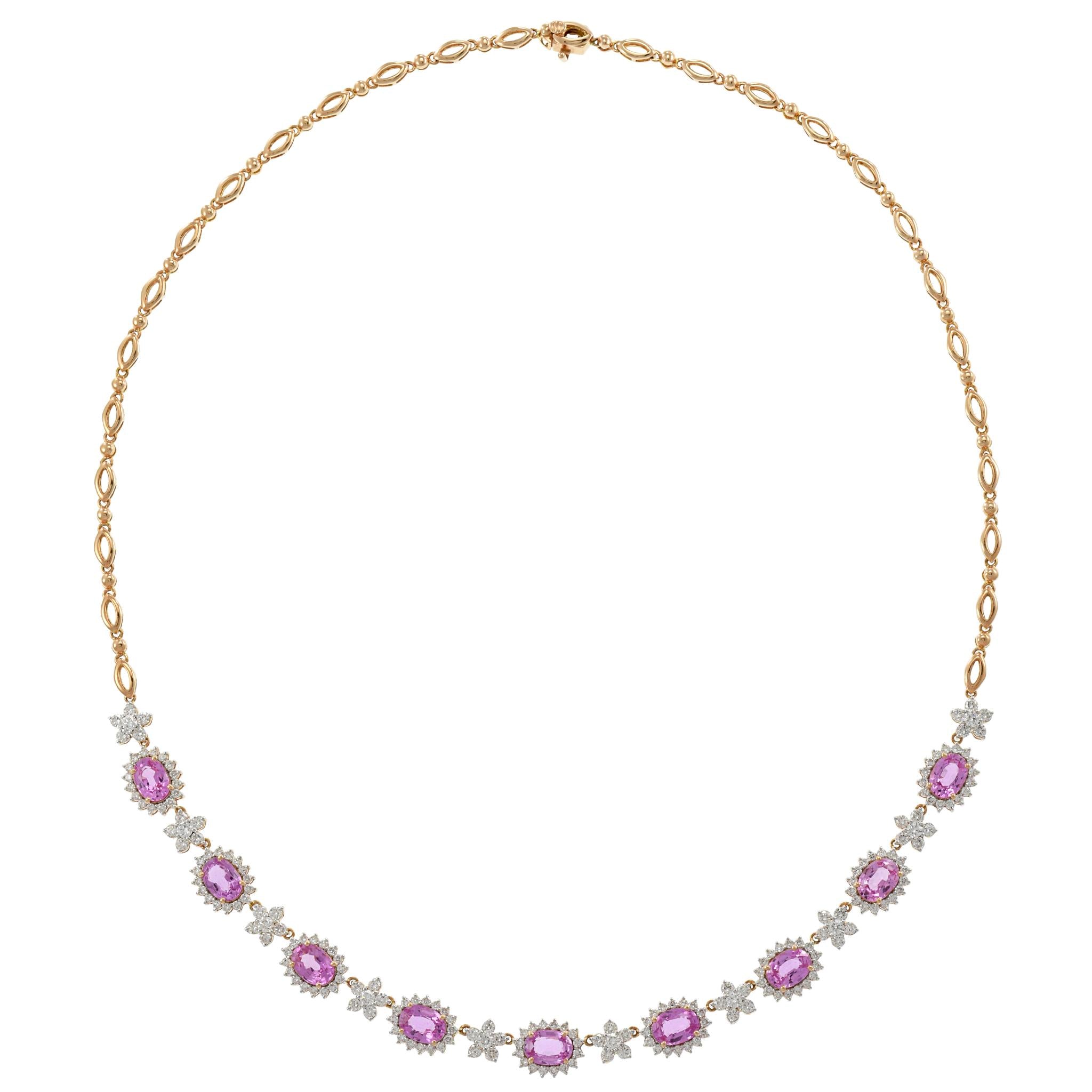 18KT Rose Gold Pink Sapphire and Diamond Floral Necklace