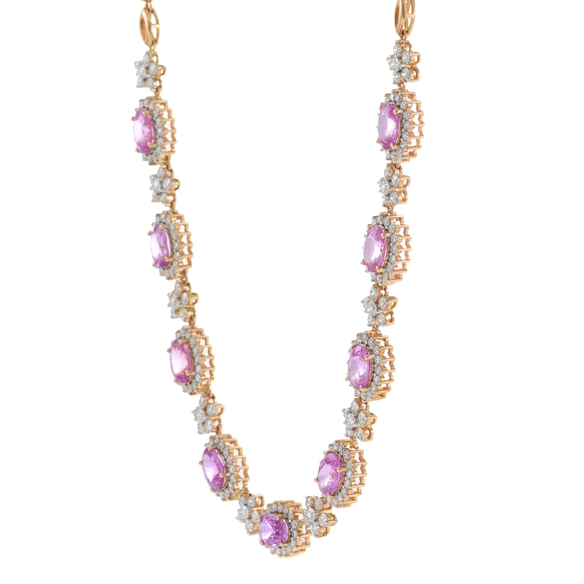 18KT Rose Gold Pink Sapphire and Diamond Floral Necklace