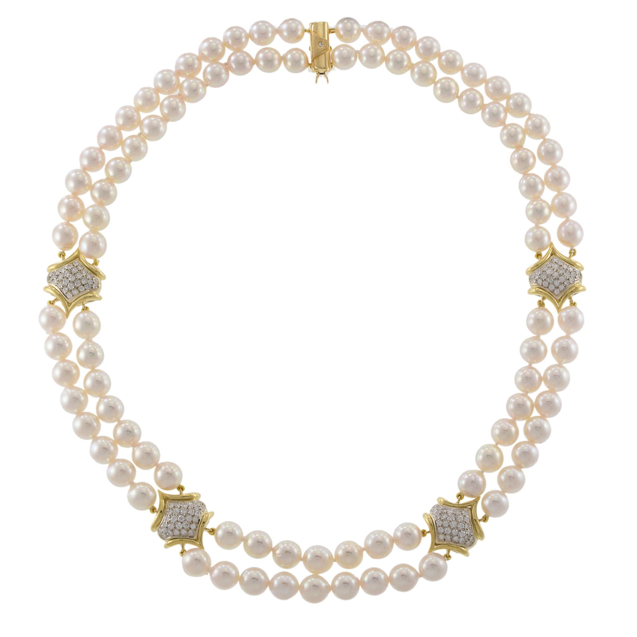 Estate 18KT Yellow Gold Double Strand Akoya Pearl Necklace with Diamond Stations