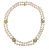 Estate 18KT Yellow Gold Double Strand Akoya Pearl Necklace with Diamond Stations