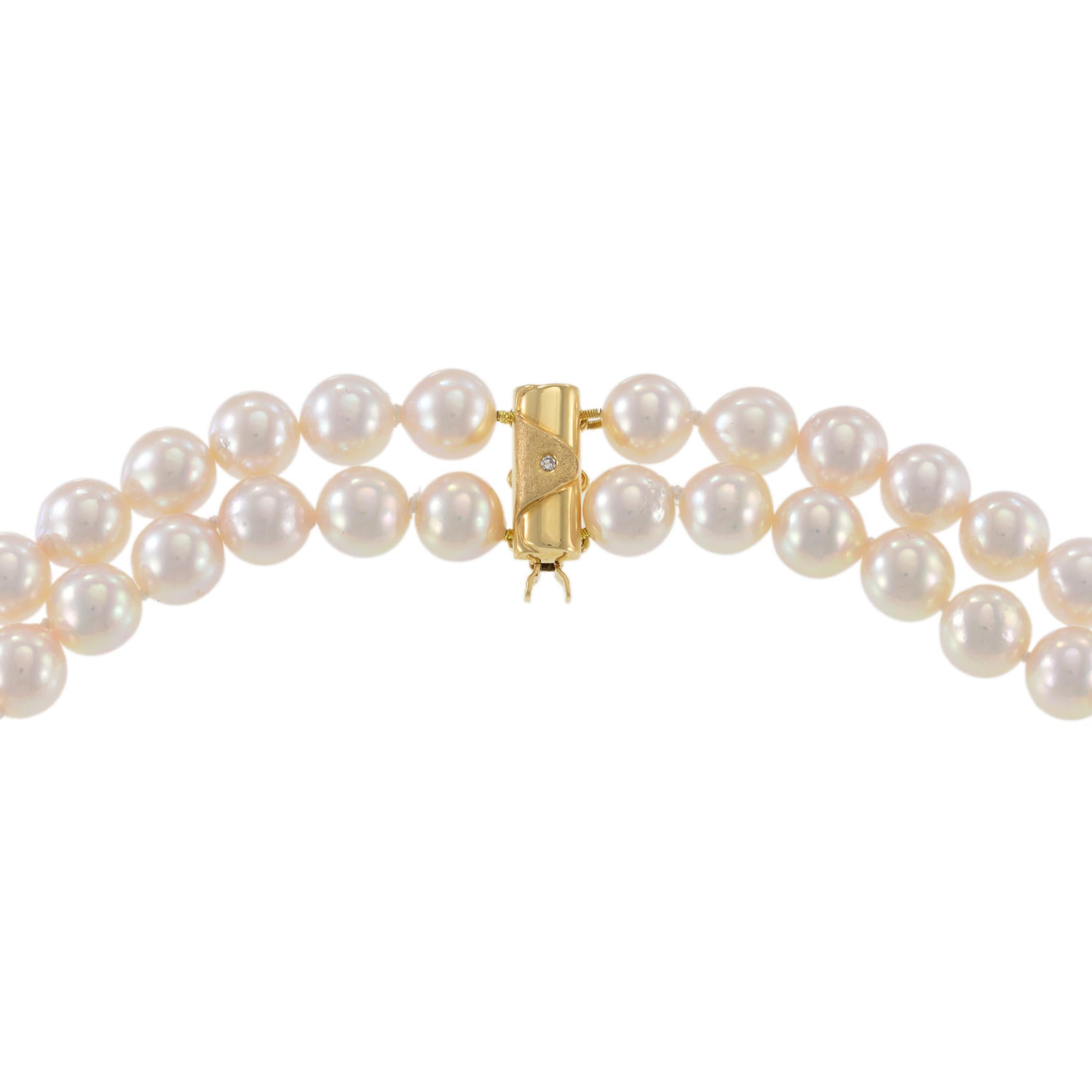 Estate 18KT Yellow Gold Double Strand Akoya Pearl Necklace with Diamond Stations