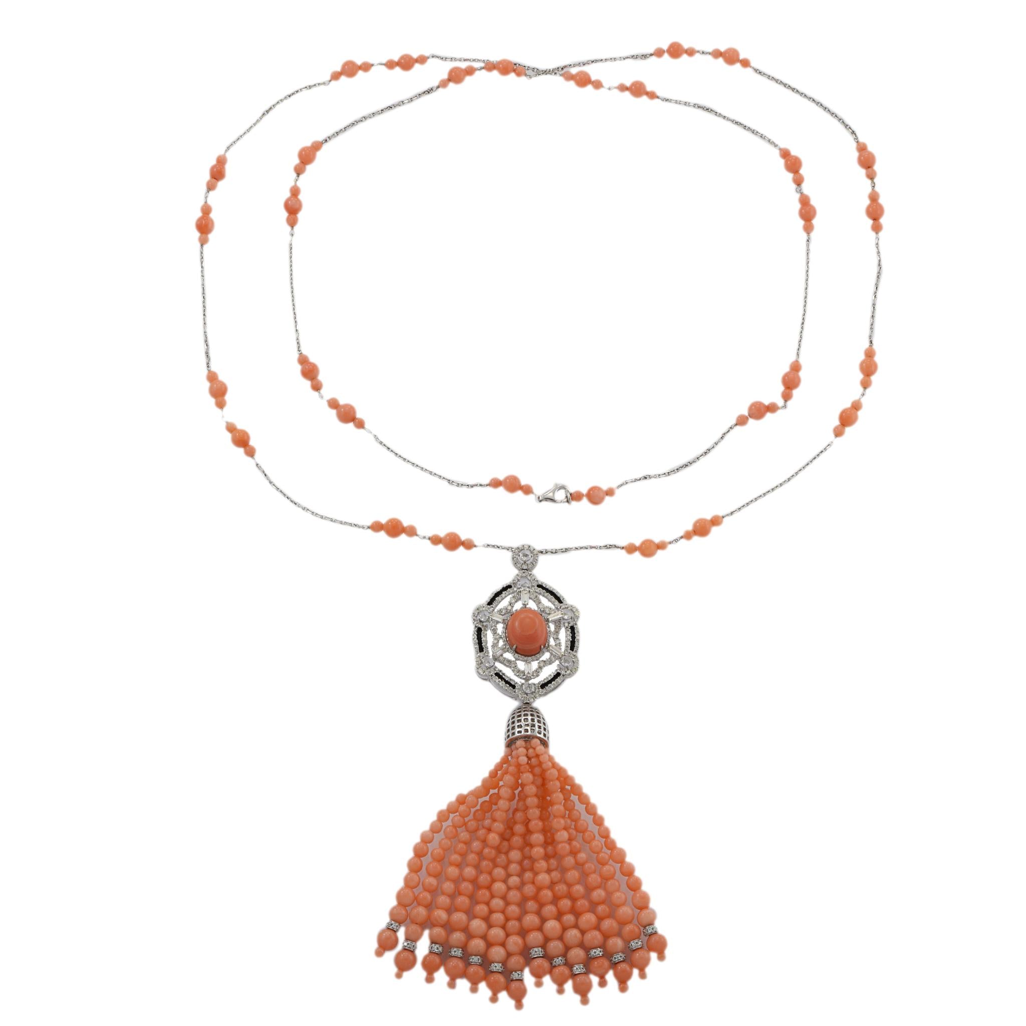 Estate 18KT White Gold Diamond and Angel Coral Tassel Necklace