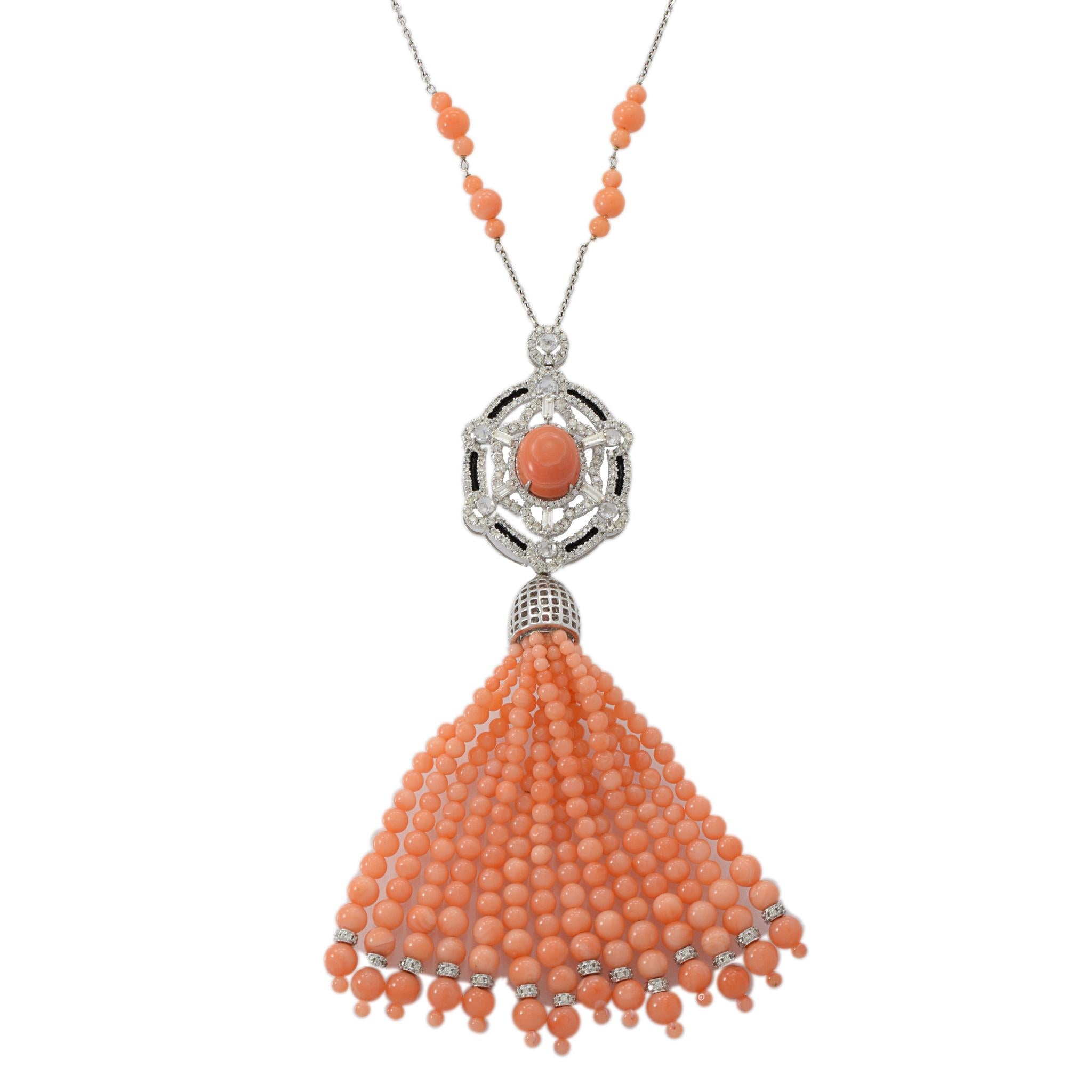 Estate 18KT White Gold Diamond and Angel Coral Tassel Necklace