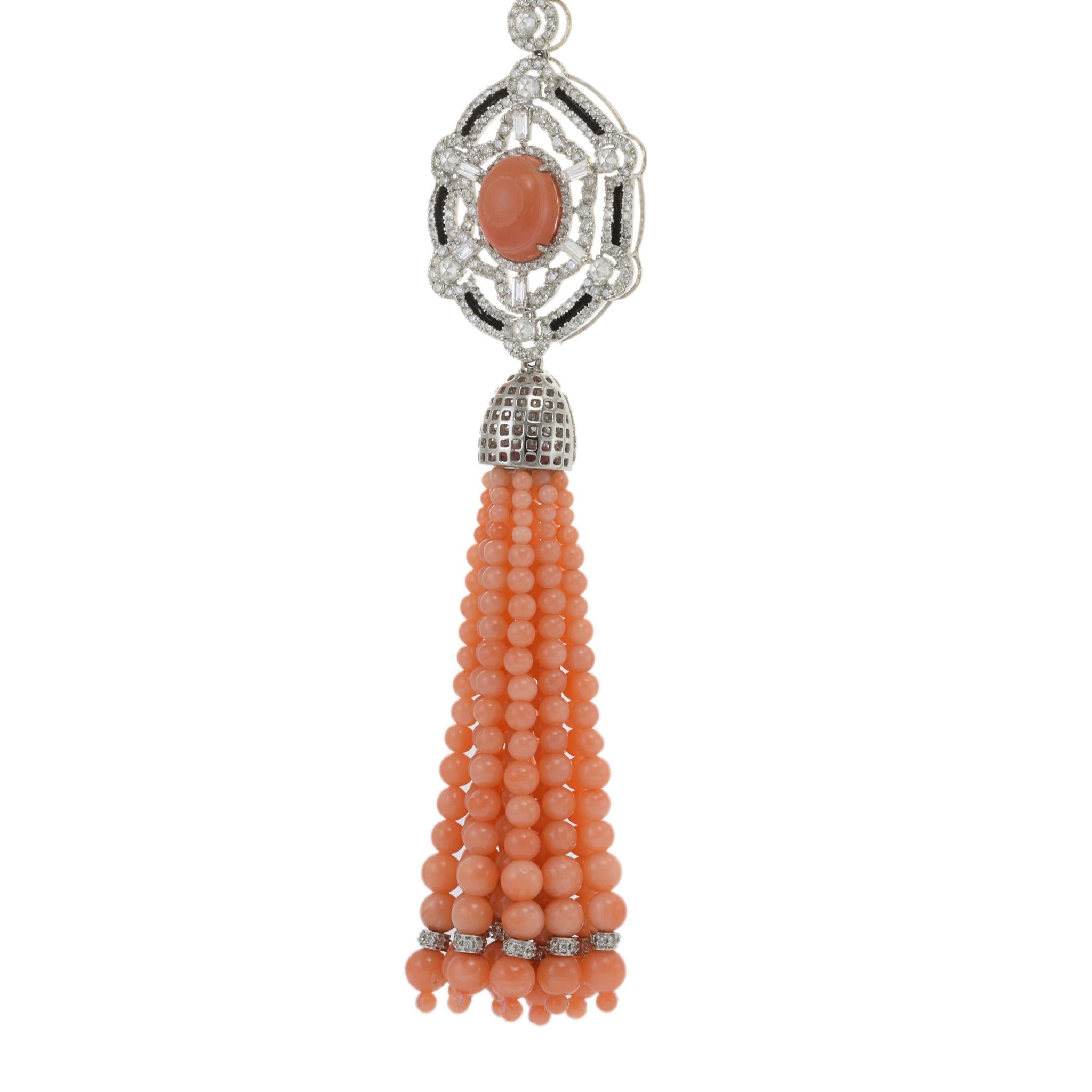 Estate 18KT White Gold Diamond and Angel Coral Tassel Necklace