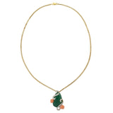 Vintage 18KT Yellow Gold Green Agate and Coral Floral Pendant Necklace