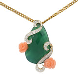 Vintage 18KT Yellow Gold Green Agate and Coral Floral Pendant Necklace