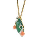 Vintage 18KT Yellow Gold Green Agate and Coral Floral Pendant Necklace