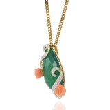 Vintage 18KT Yellow Gold Green Agate and Coral Floral Pendant Necklace