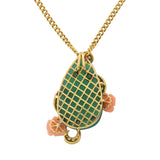Vintage 18KT Yellow Gold Green Agate and Coral Floral Pendant Necklace