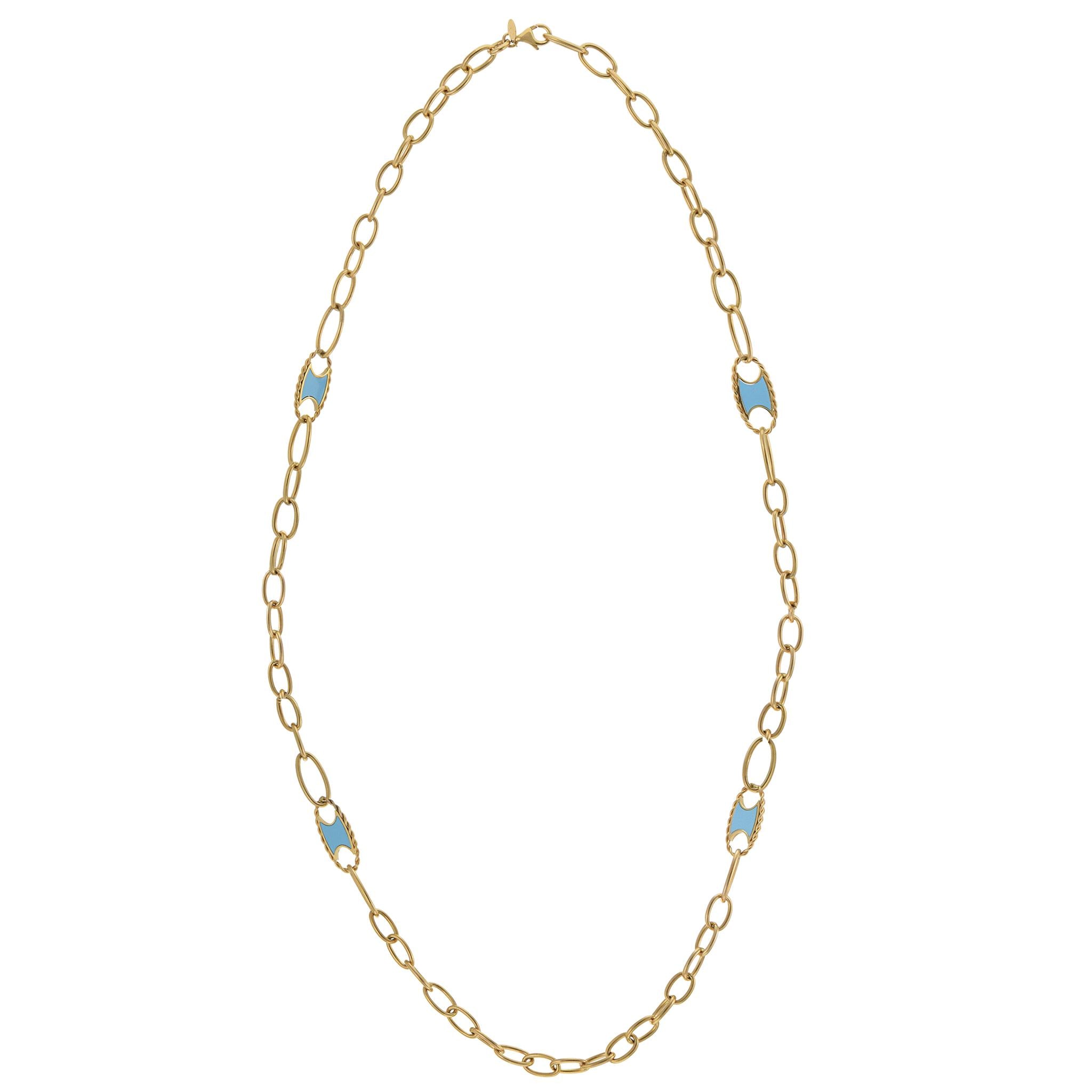14KT Yellow Gold Oval Link Necklace with Turquoise Accents