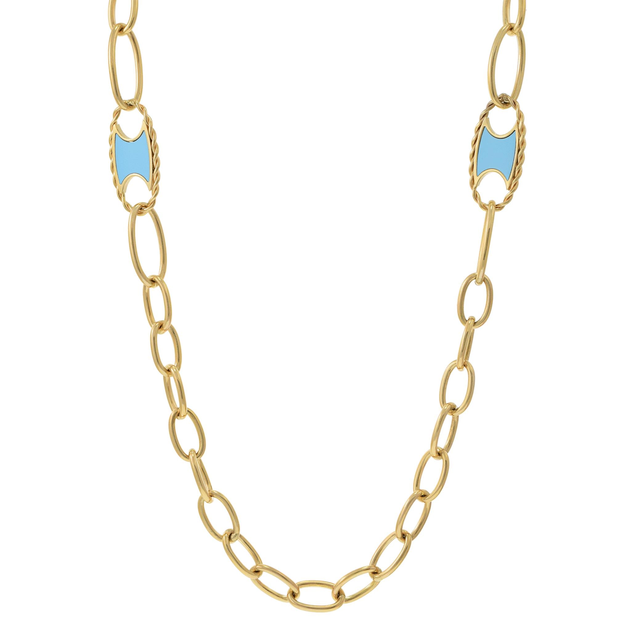 14KT Yellow Gold Oval Link Necklace with Turquoise Accents
