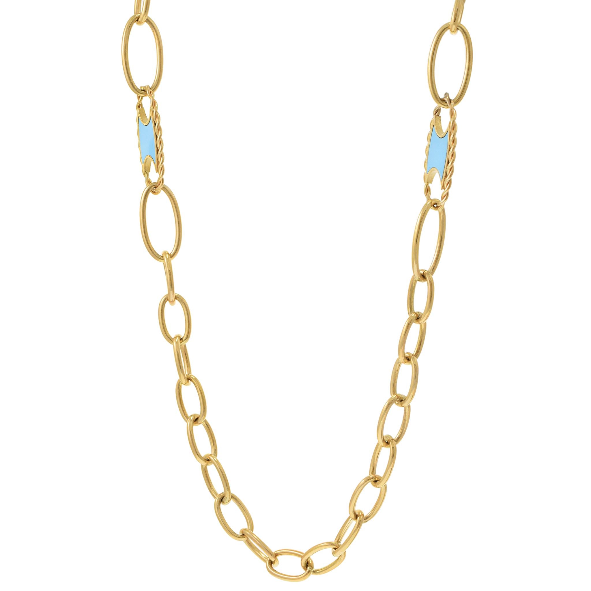 14KT Yellow Gold Oval Link Necklace with Turquoise Accents