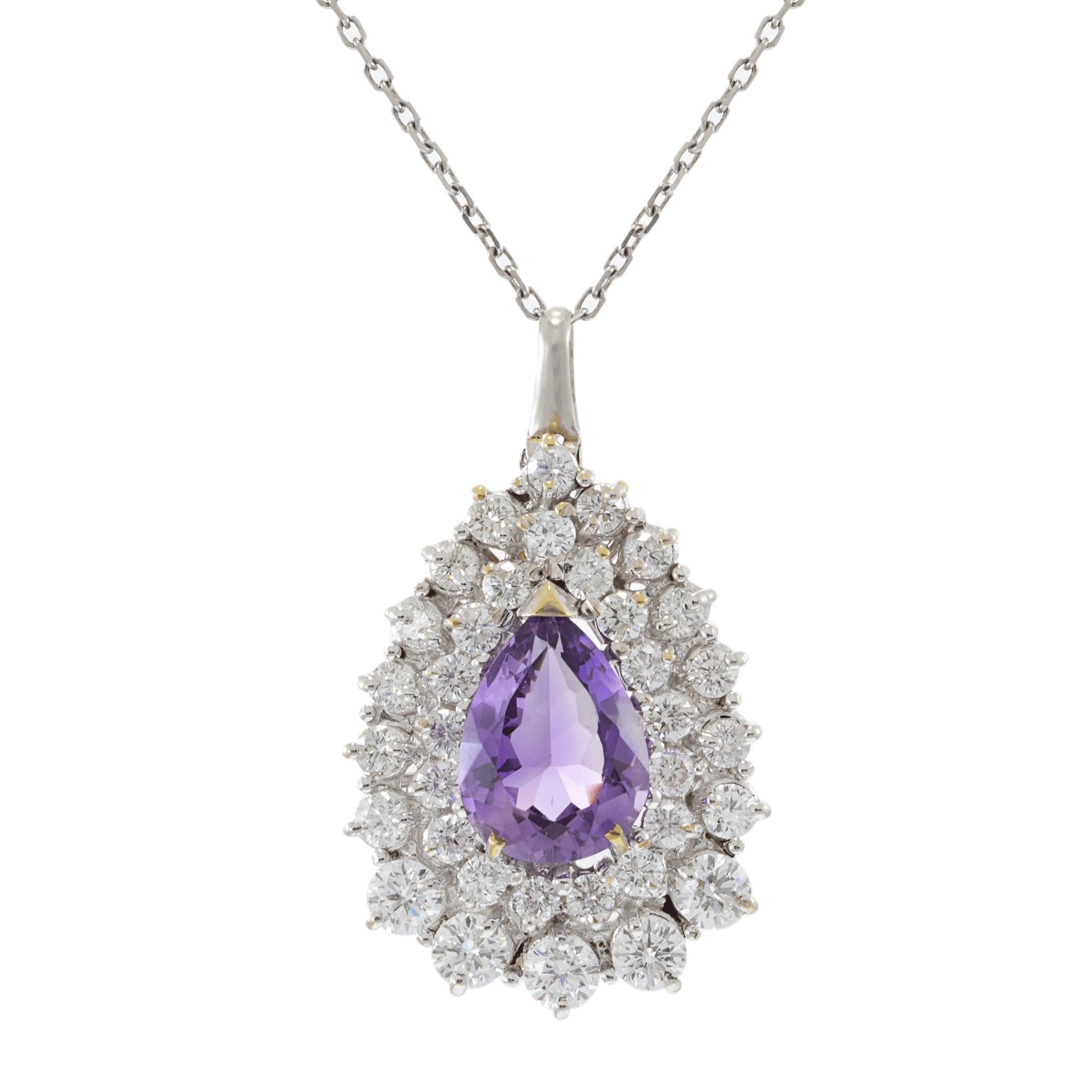 18KT White Gold Estate Pear-Cut Amethyst & Diamond Cluster Pendant Necklace