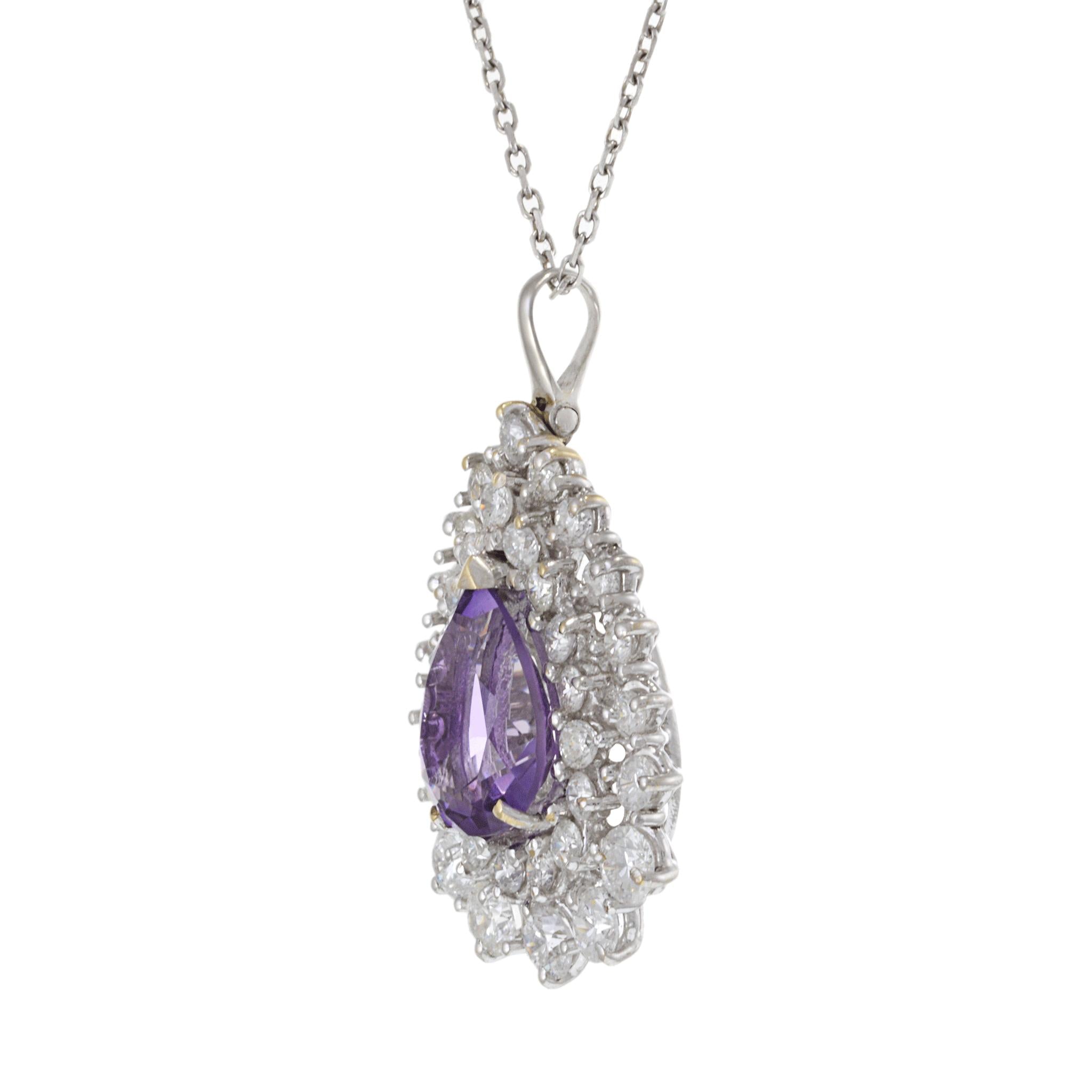 18KT White Gold Estate Pear-Cut Amethyst & Diamond Cluster Pendant Necklace