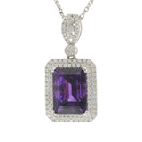 14KT White Gold Emerald-Cut Amethyst & Diamond Pendant Necklace