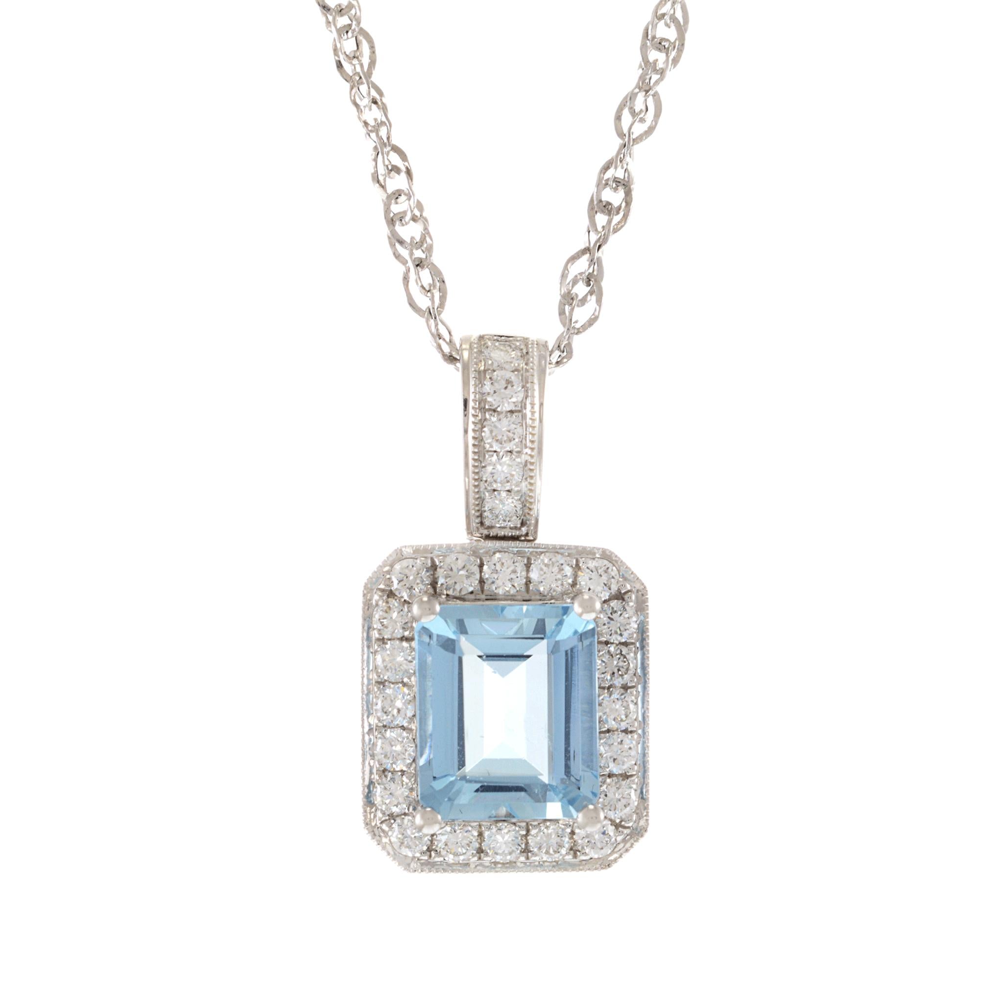 14KT White Gold Aquamarine and Diamond Pendant Necklace