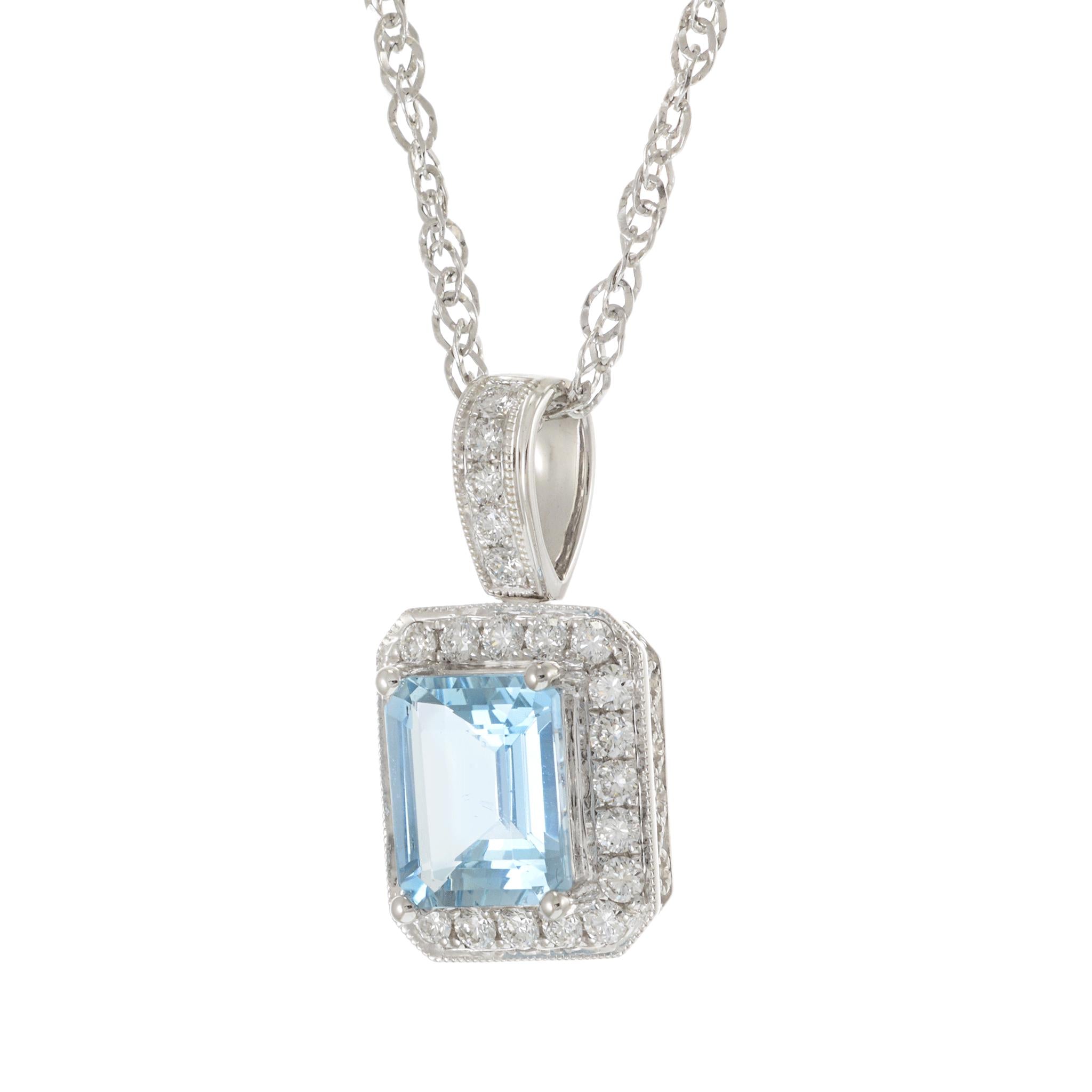 14KT White Gold Aquamarine and Diamond Pendant Necklace
