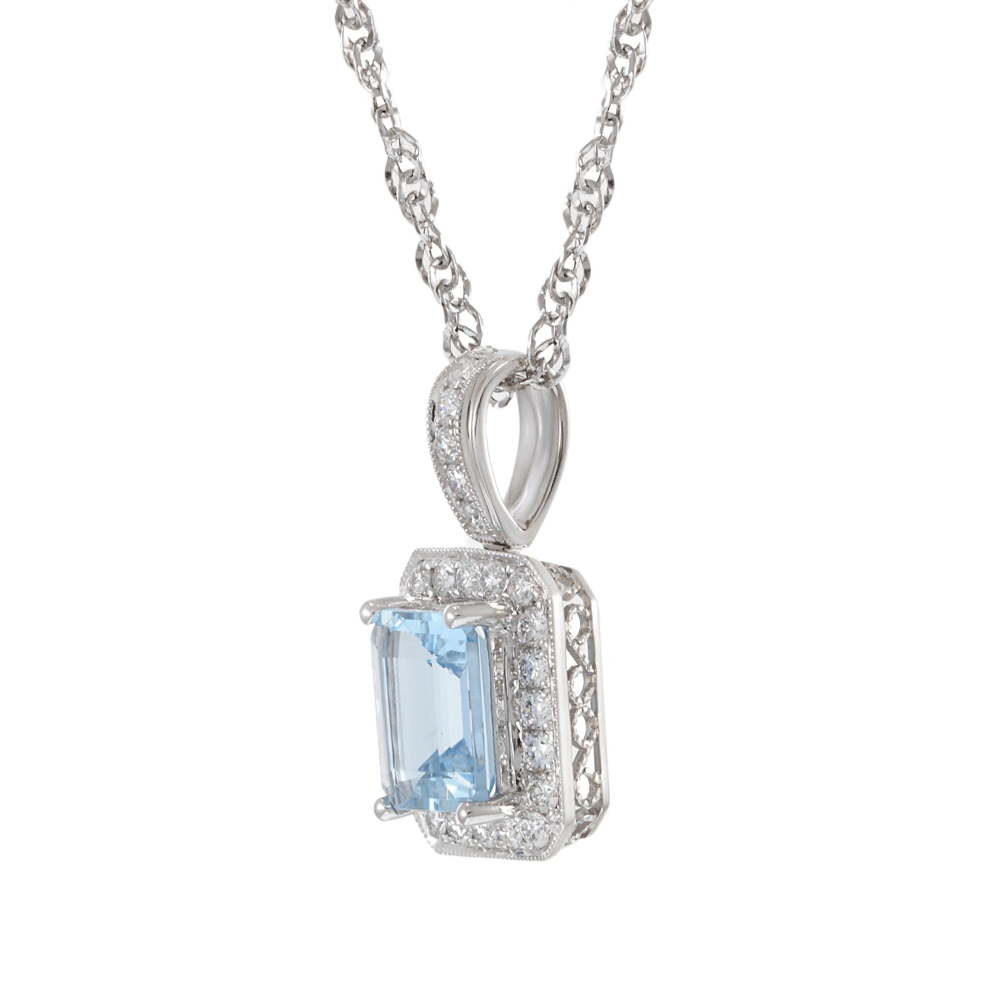 14KT White Gold Aquamarine and Diamond Pendant Necklace