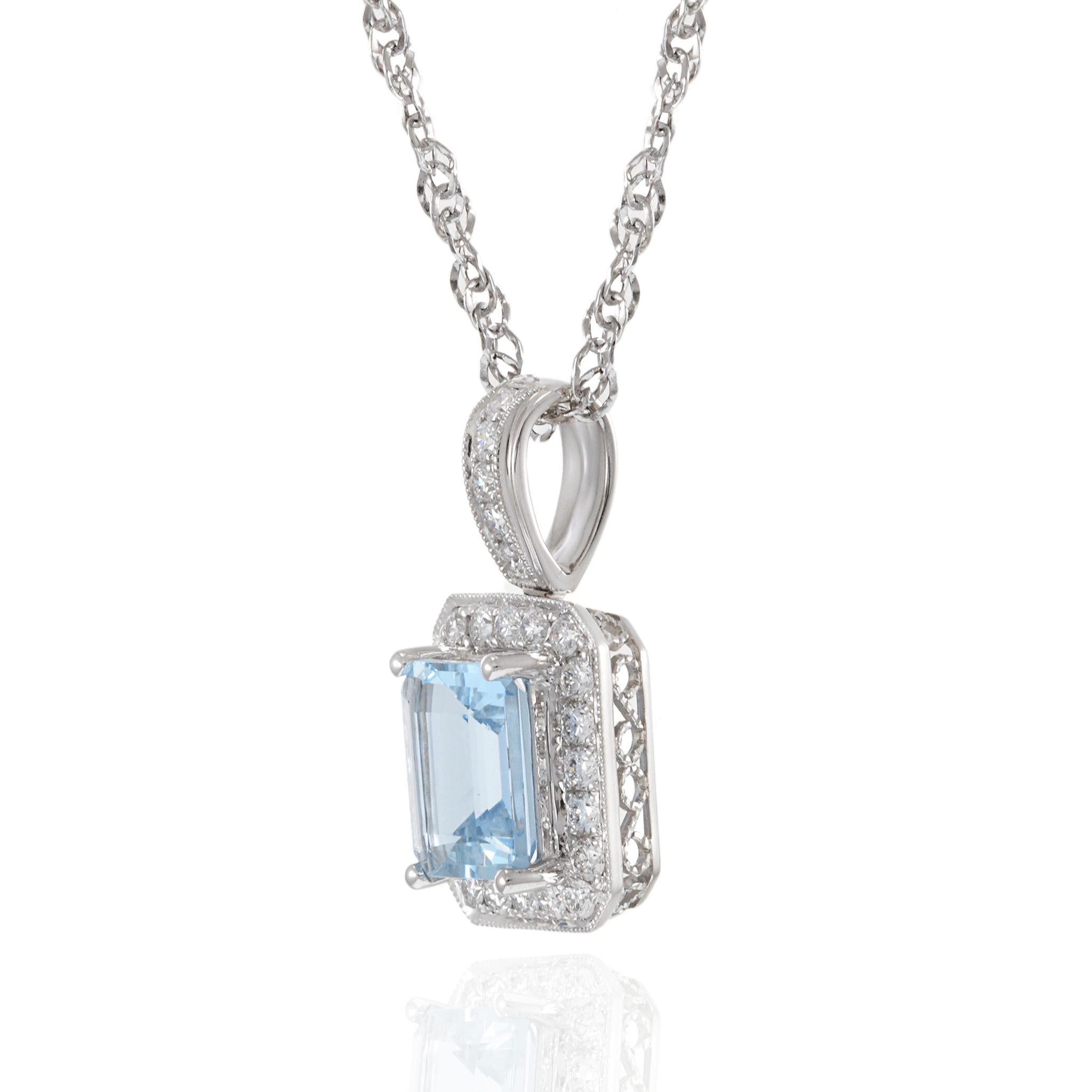 14KT White Gold Aquamarine and Diamond Pendant Necklace