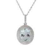 14KT White Gold Oval Aquamarine & Diamond Halo Pendant Necklace
