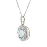 14KT White Gold Oval Aquamarine & Diamond Halo Pendant Necklace