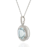 14KT White Gold Oval Aquamarine & Diamond Halo Pendant Necklace
