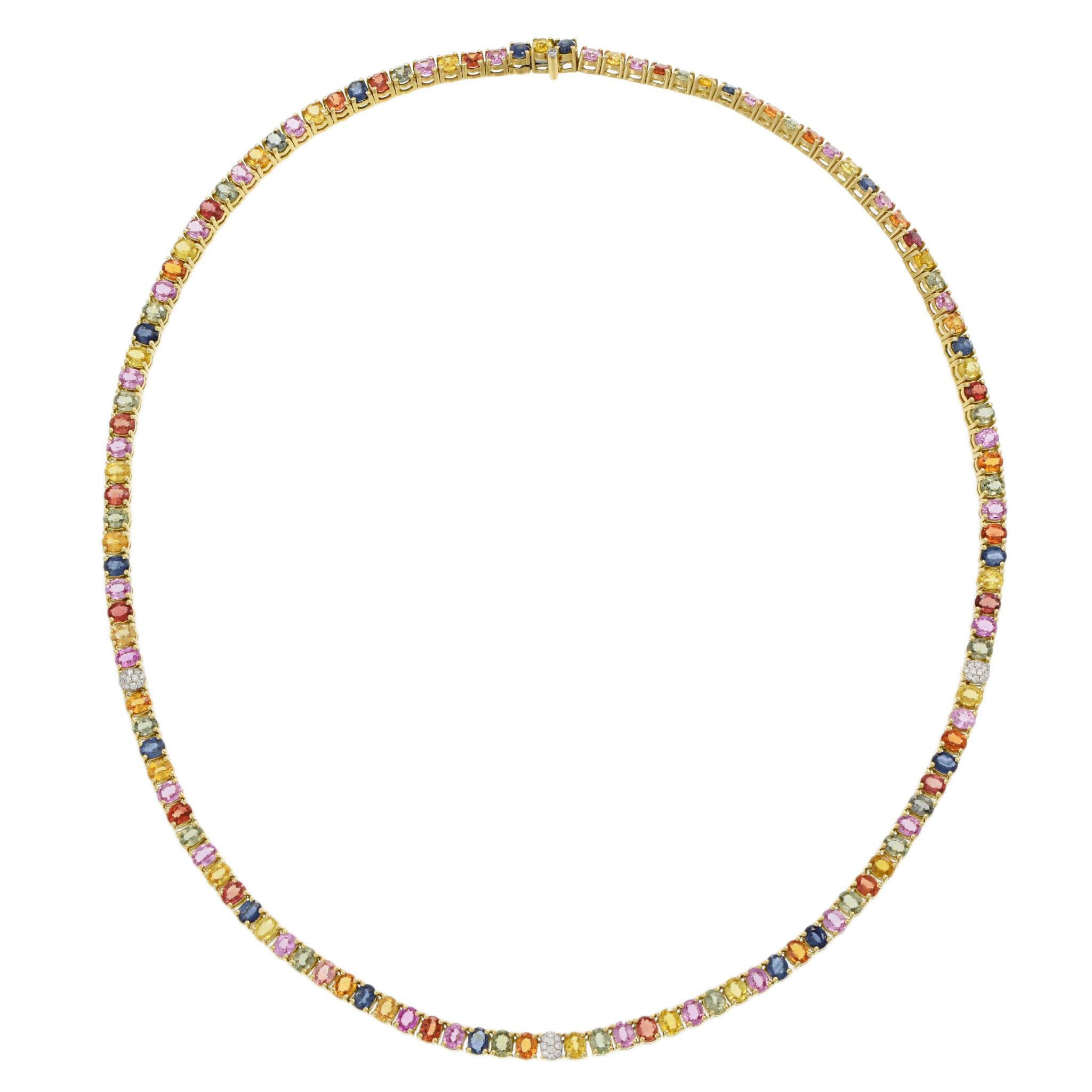 18KT Yellow Gold Multicolor Sapphire and Diamond Tennis Necklace