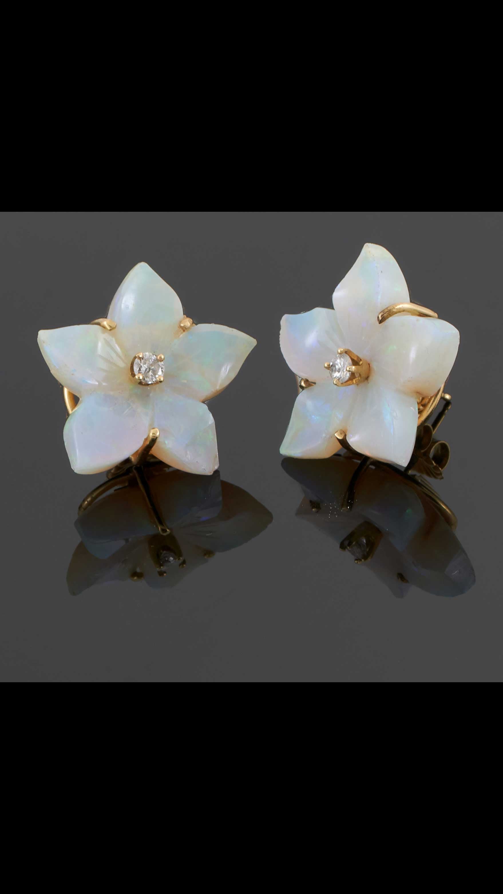 Vintage 14KT Yellow Gold Opal and Diamond Floral Earrings
