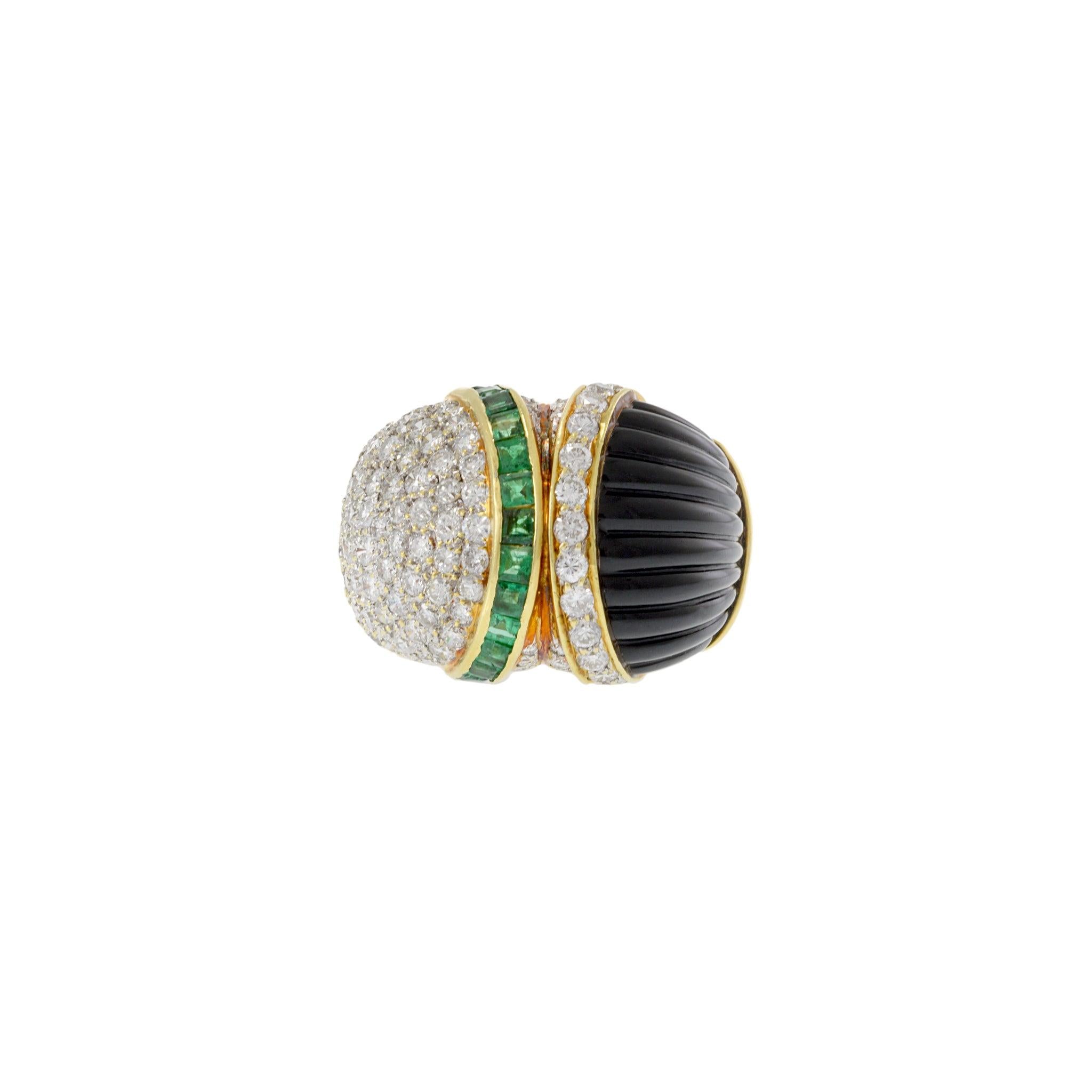 Vintage Retro 18KT Yellow Gold Dome Ring with Onyx, Emeralds & Diamonds