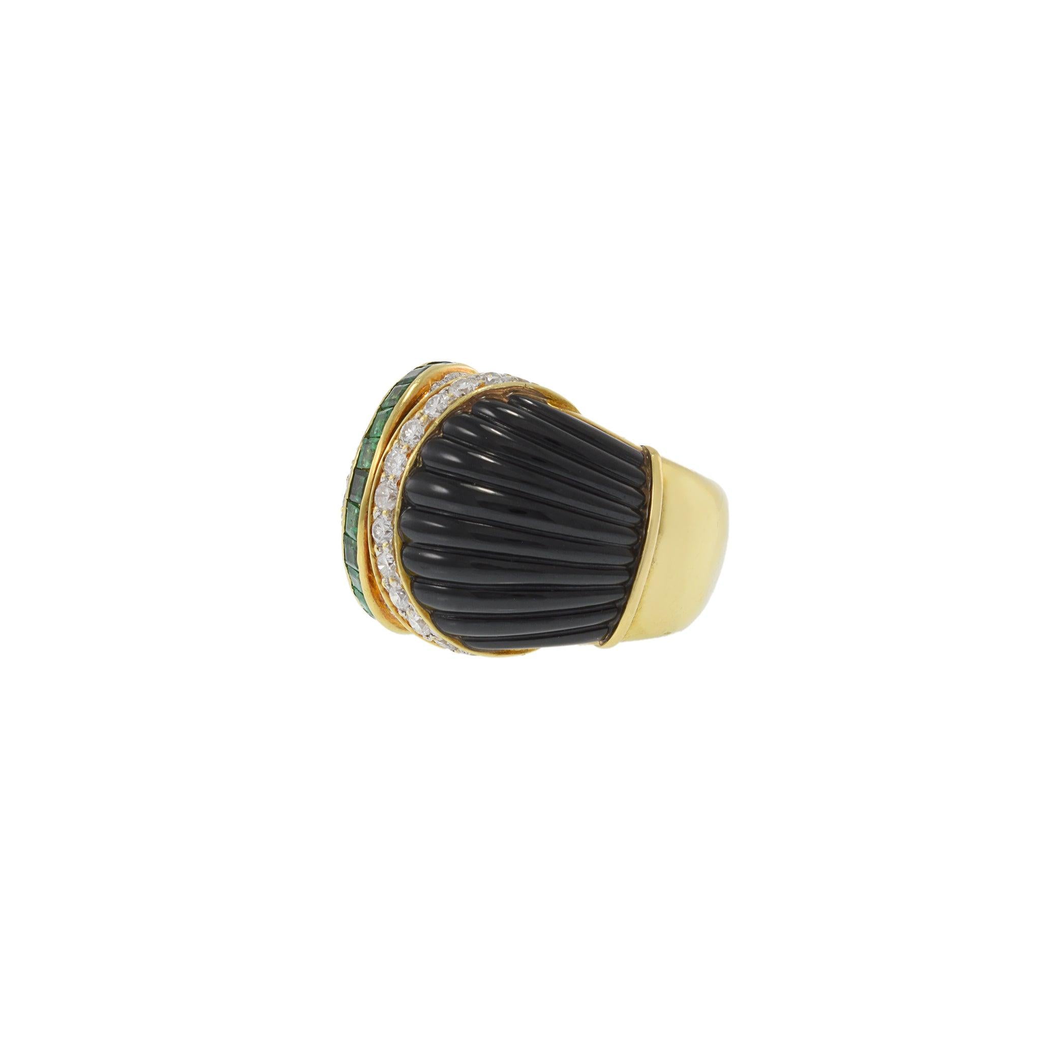 Vintage Retro 18KT Yellow Gold Dome Ring with Onyx, Emeralds & Diamonds