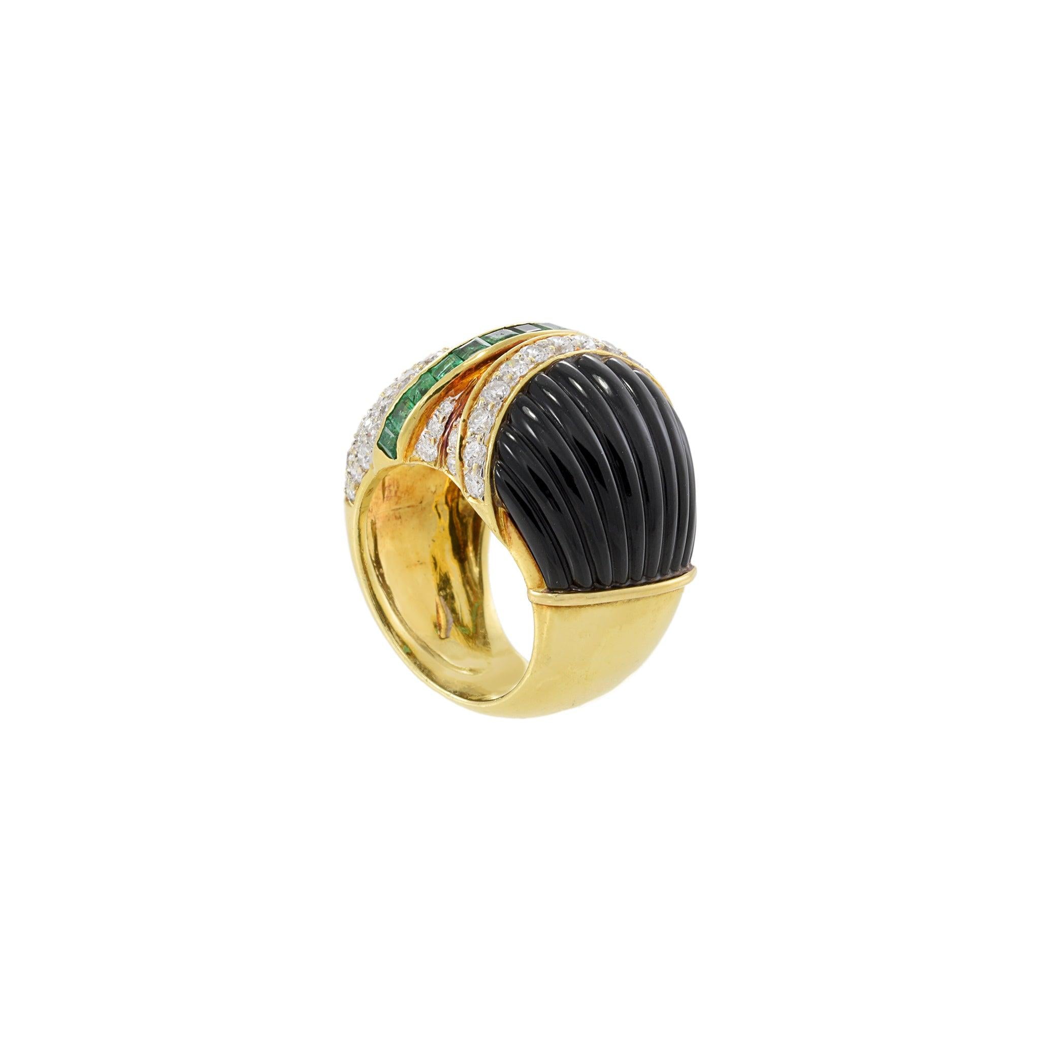 Vintage Retro 18KT Yellow Gold Dome Ring with Onyx, Emeralds & Diamonds
