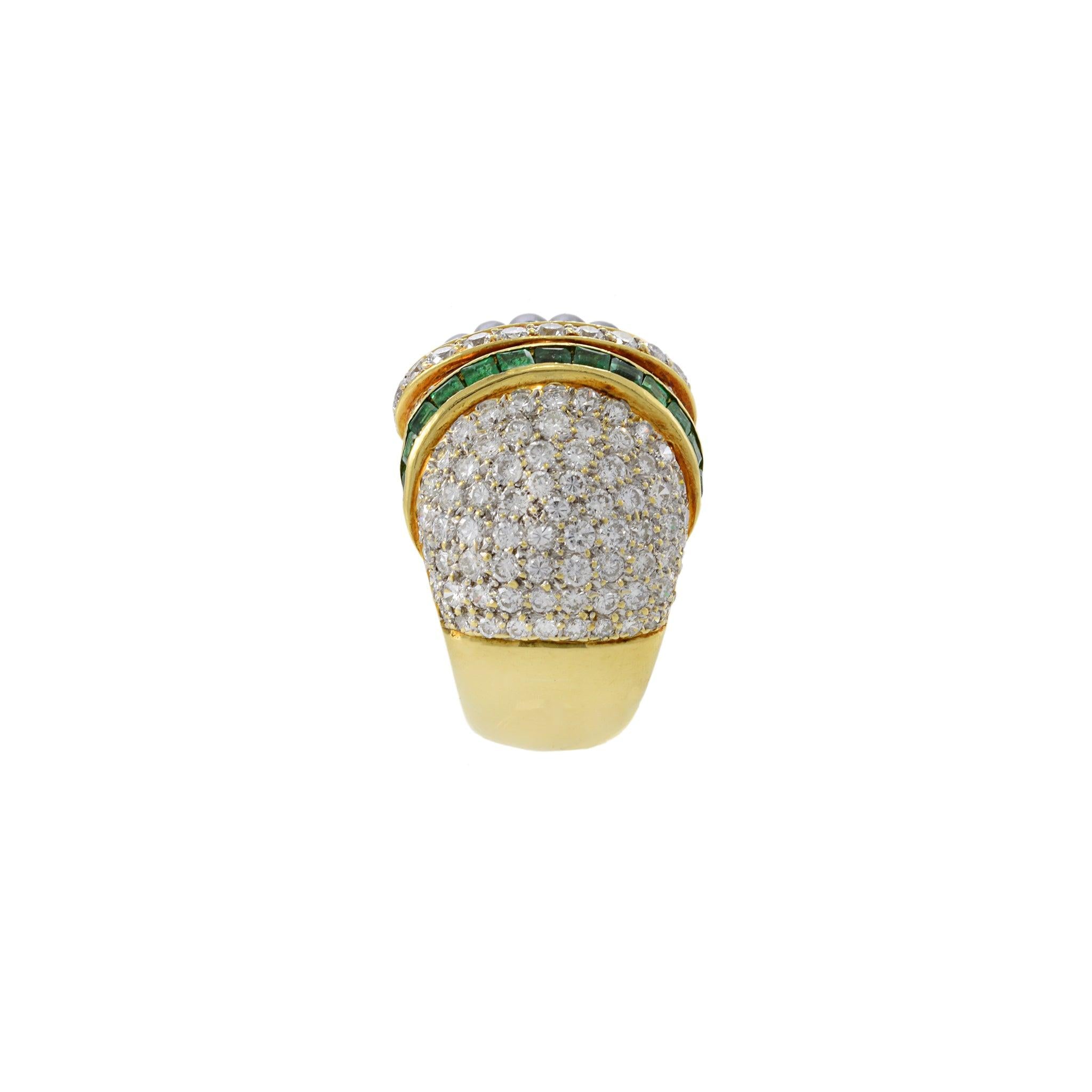 Vintage Retro 18KT Yellow Gold Dome Ring with Onyx, Emeralds & Diamonds