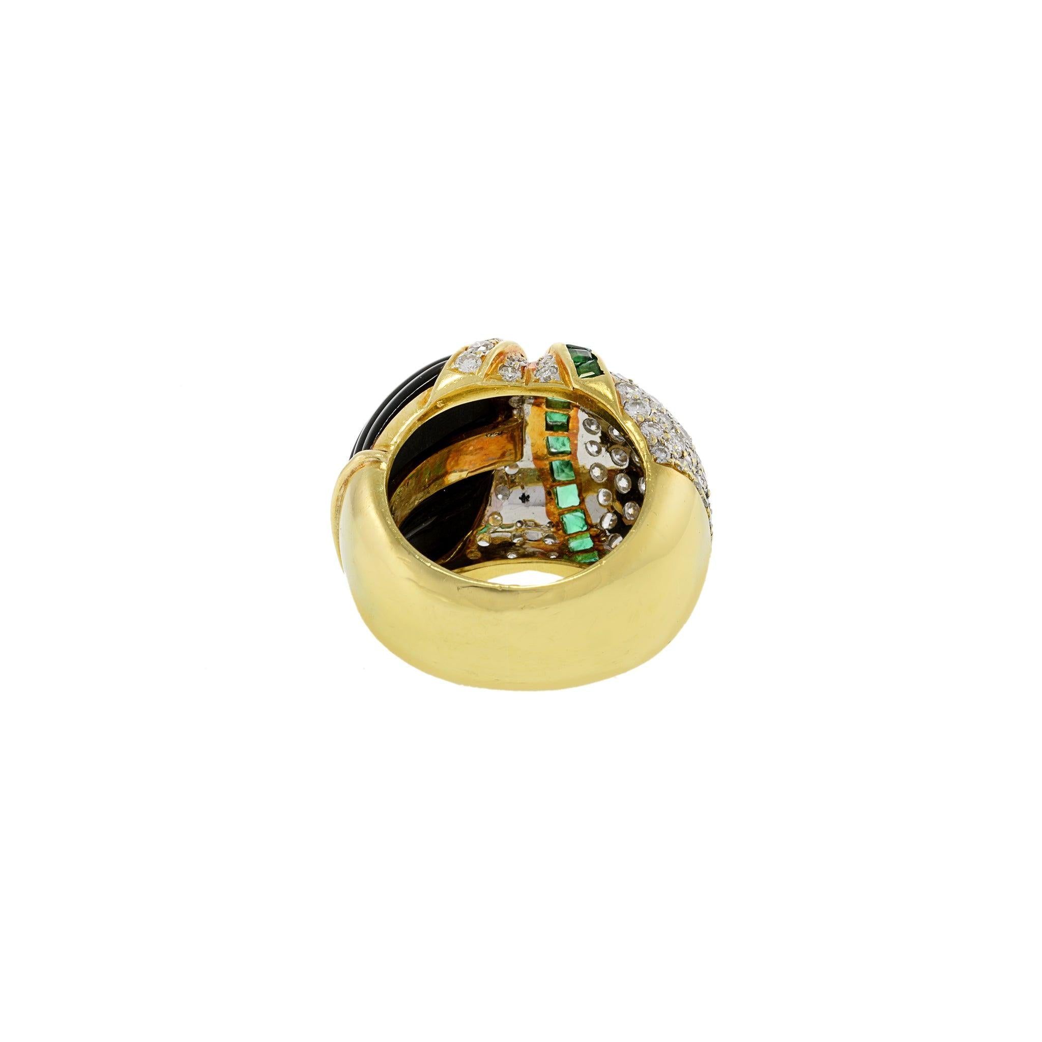 Vintage Retro 18KT Yellow Gold Dome Ring with Onyx, Emeralds & Diamonds
